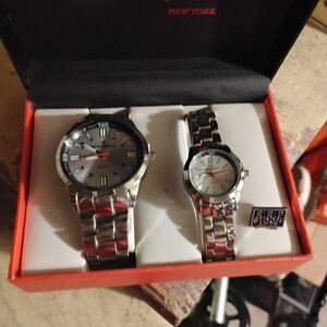 Matching Silver Stainless Steel His & Hers Watch Set - Red Second Hand